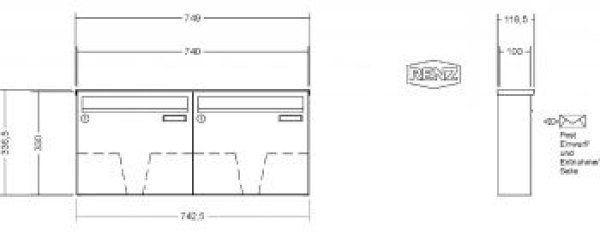 RENZ Briefkastenanlage Aufputz Classic Basic B Kastenformat 370x330x100mm, 2-​teilig weiß RAL 9016