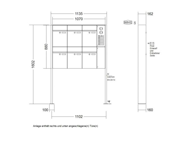 Freistehend mit Fußplatten RENZ Plan Aufputz Verkehrsweiß RAL 9016 6 Briefkästen