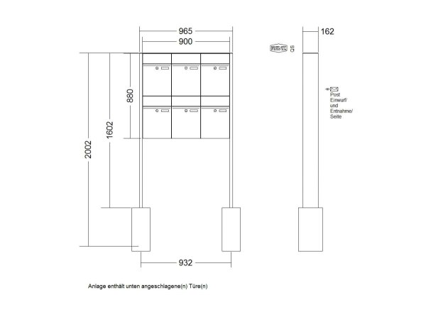 Freistehend zum Einbetonieren RENZ Plan Edelstahl V4A 6 Briefkästen